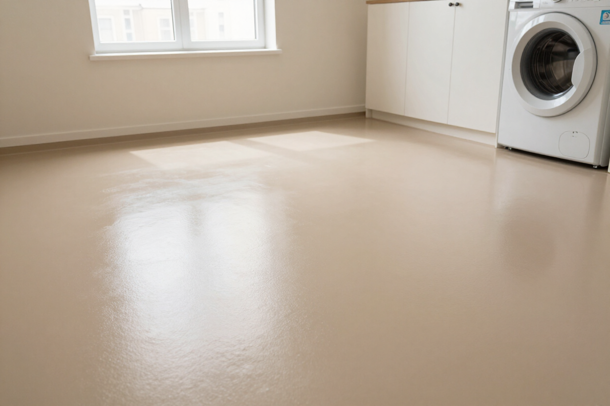 Smooth solid-color epoxy floor coating in a residential interior space in East Texas.