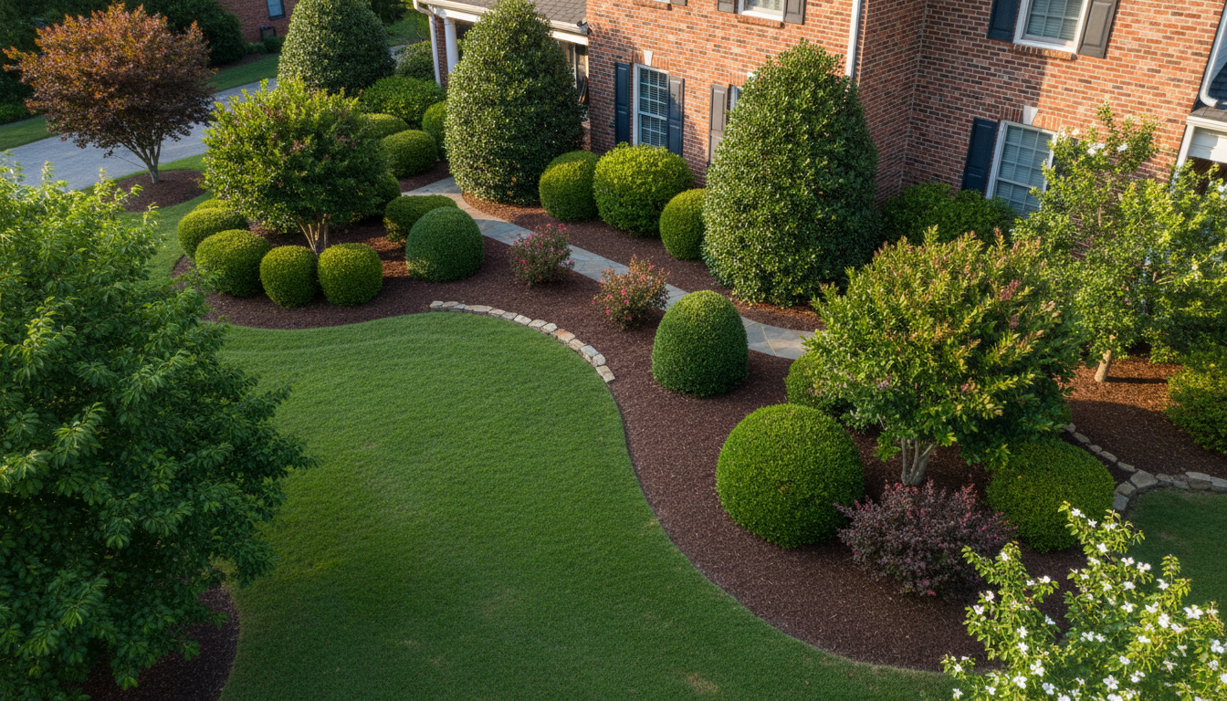 Well-manicured front yard with green lawn, shrubs, and a brick house.