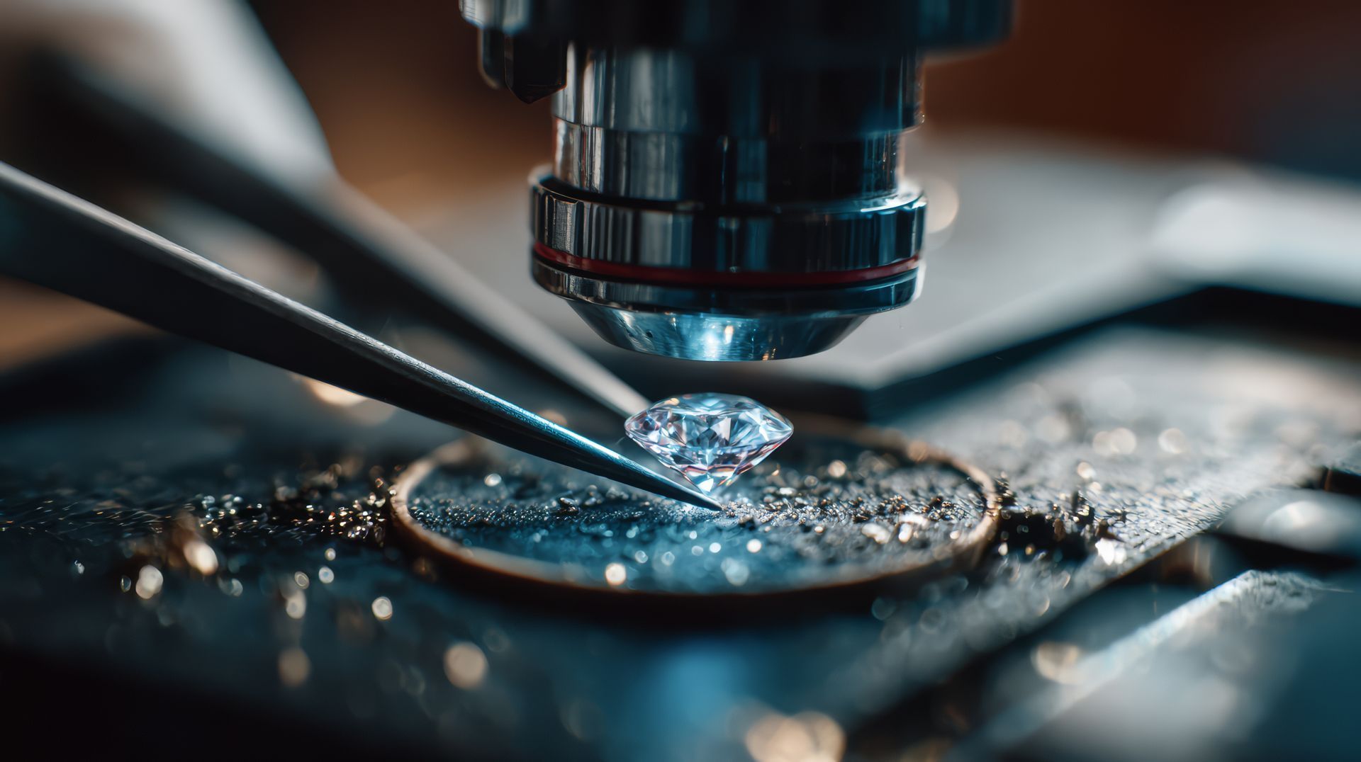 Precision machine cutting a glowing metal piece on a workbench with sparks and blue light