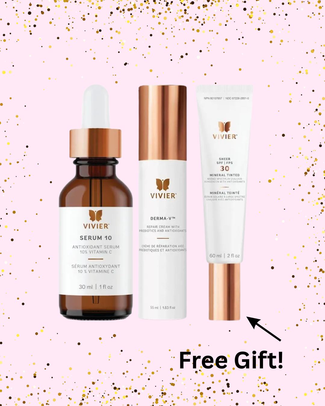 Vivier skincare set: Serum 10, C E Peptides, and tinted SPF, with a 