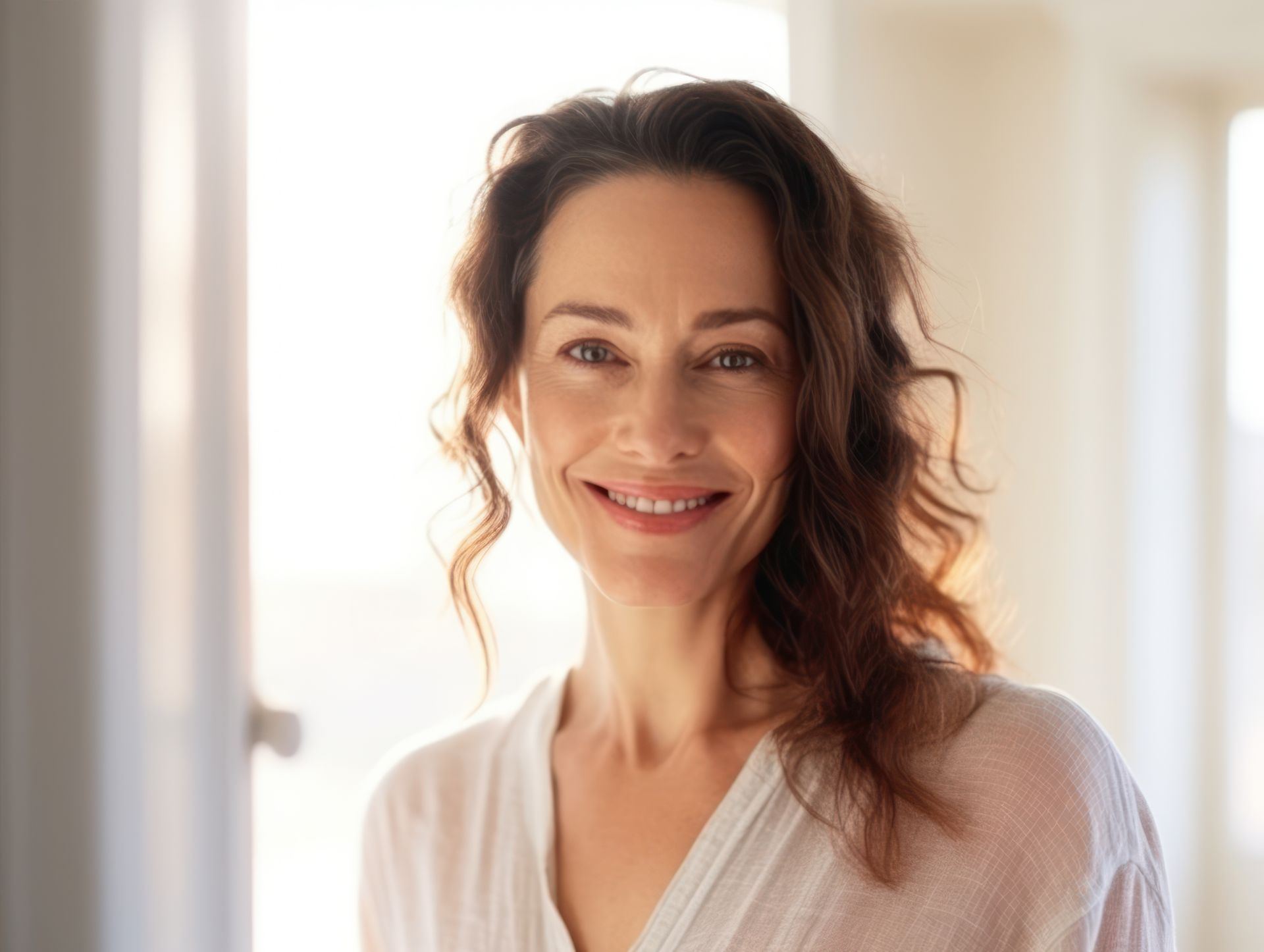 A woman in a white robe is smiling and looking at the camera.