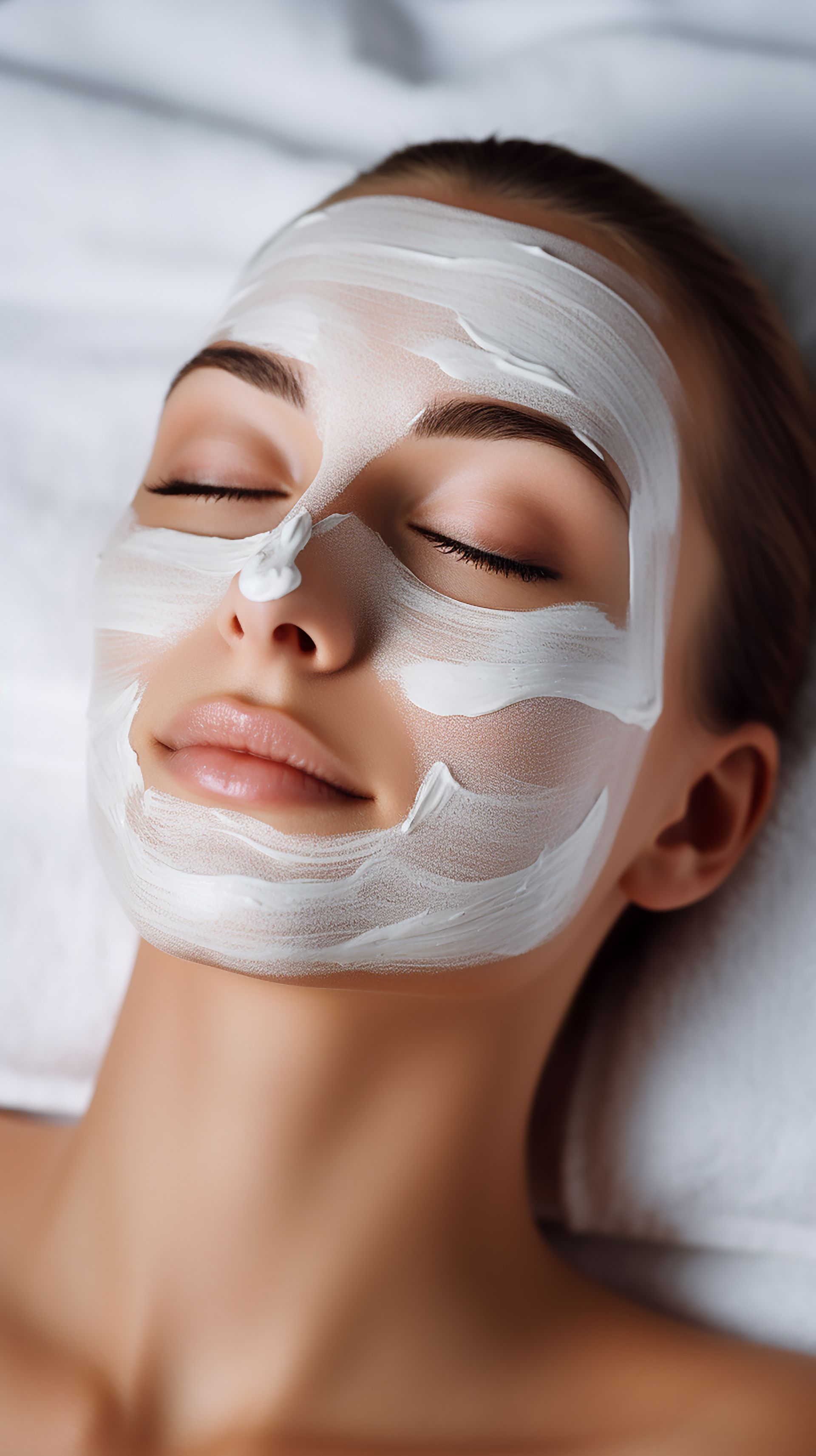 A woman is laying on a bed with a white mask on her face.
