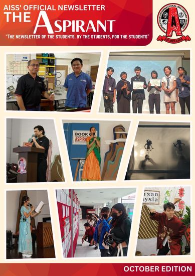 The Aspirant newsletter October edition, featuring a collage of students and staff at various school events and activities.
