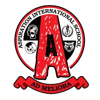 Circular logo for Aspiration International School with a large red letter A and motto