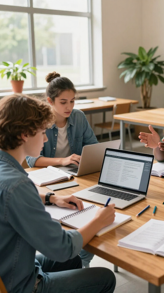 Two students sit at a table with books, laughing and looking at a laptop together.