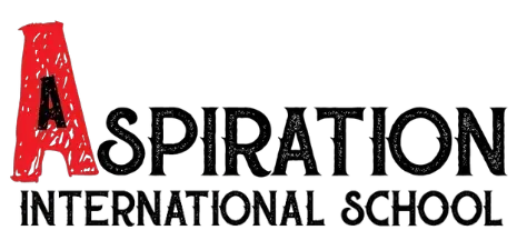The logo for Aspiration International School features a large, hand-drawn red