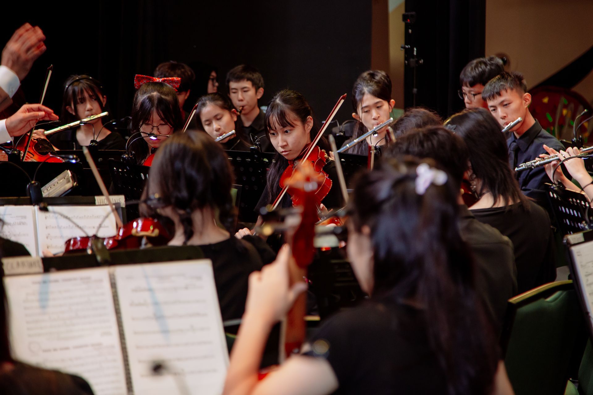 Students perform together in an orchestra, playing instruments such as violins and flutes under the guidance of a conductor.