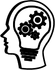 A black-and-white icon showing a human head silhouette containing a lightbulb shape filled with three interlocking gears.