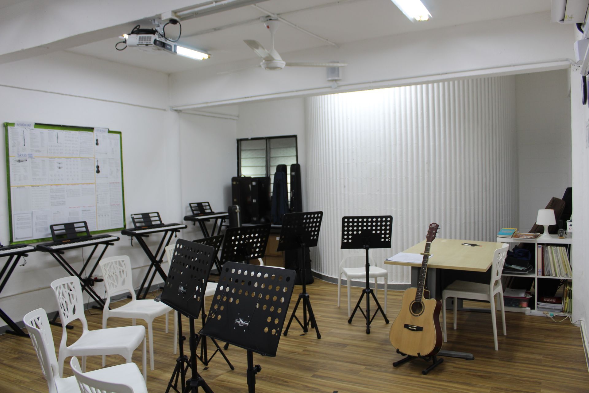 Music studio with keyboards, sheet music stands, white chairs, and an acoustic guitar on a wooden floor.
