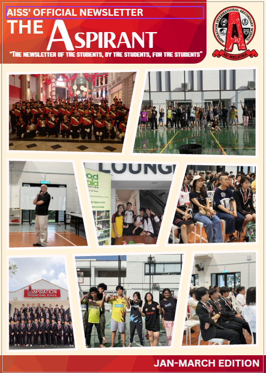 The Aspirant newsletter cover featuring a collage of students participating in school activities, performances, and sports.