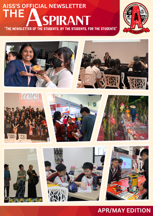 The Aspirant newsletter cover featuring a collage of students participating in school activities, performances, and sports.
