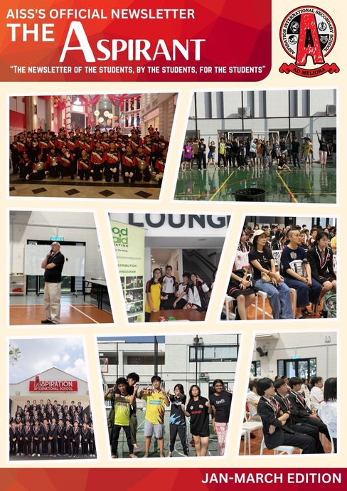 The Aspirant newsletter cover featuring a collage of students participating in school activities, performances, and sports.