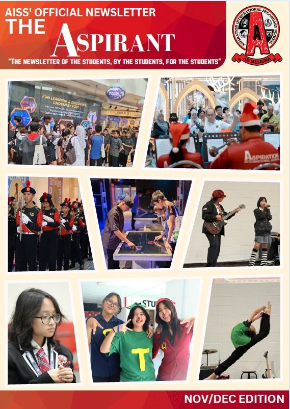 The Aspirant newsletter cover featuring a collage of students participating in school activities, performances, and sports.