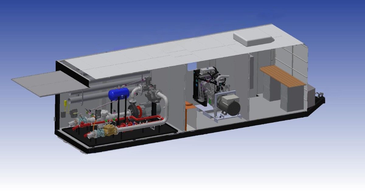 3D render of a compact industrial machine module inside a gray trailer-like enclosure