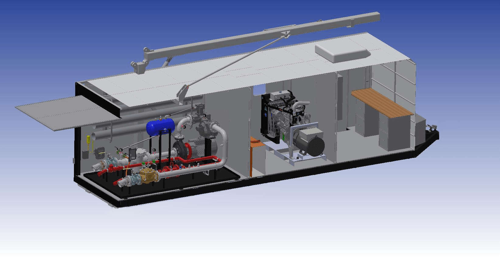Cutaway 3D rendering of a mobile trailer with machinery, tools, and equipment inside.