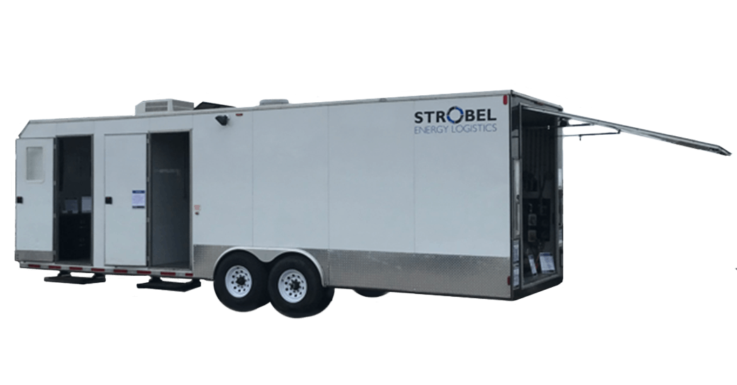 White two-axle mobile trailer with open side door and awning, labeled “STROBEL” on top.