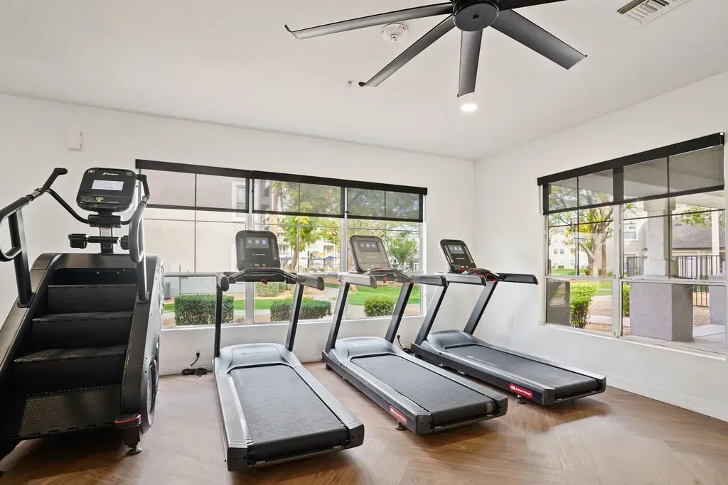 Indoor communal gym with treadmills and an elliptical by large windows.