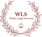 WLS Walls Legal Services logo with maroon laurel wreath and scales of justice on white background