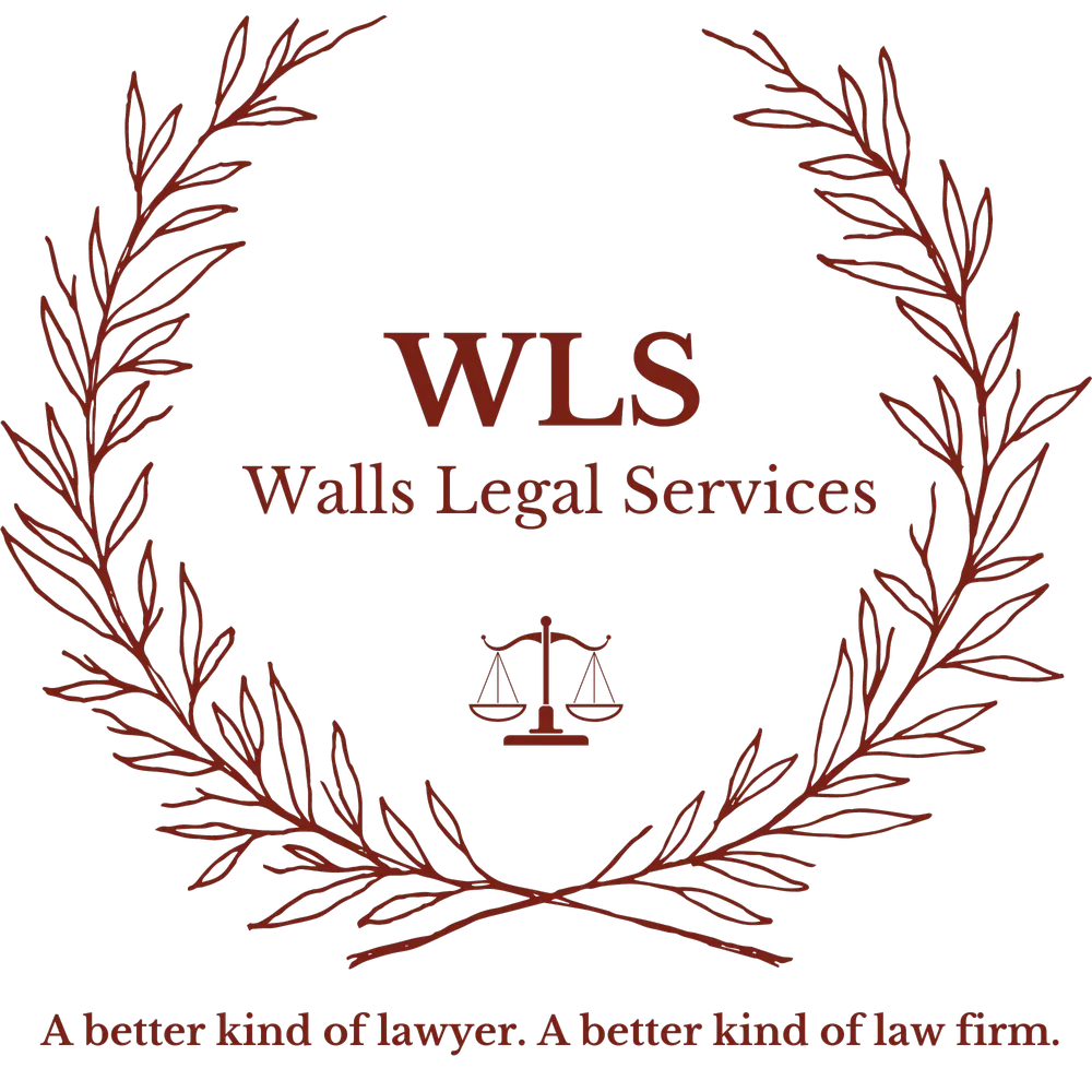 WLS Walls Legal Services logo with laurel wreath and scales, in burgundy, with tagline “A better kind of lawyer.”