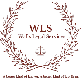 WLS Walls Legal Services logo with laurel wreath and scales, in brown on white background.