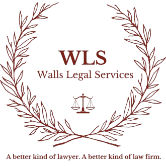 WLS Walls Legal Services logo with laurel wreath and scales, in brown on white background.