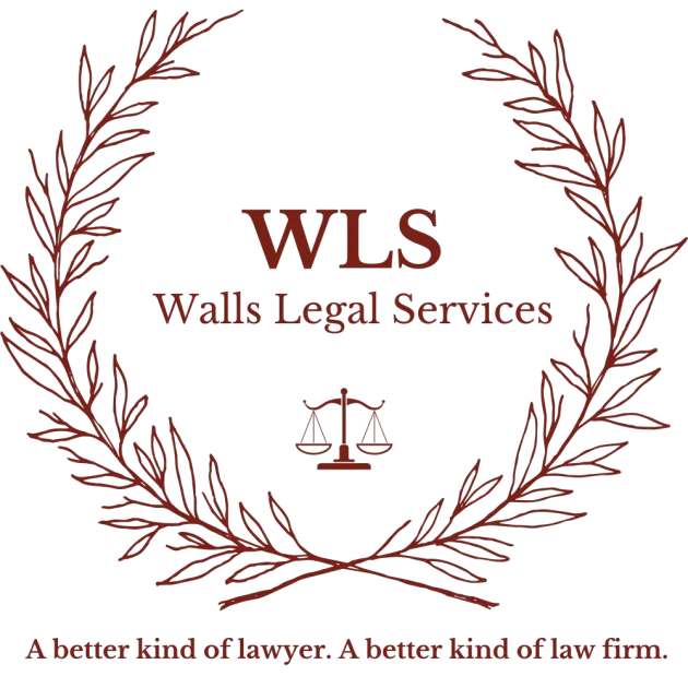 WLS Walls Legal Services logo with laurel wreath and scales, in burgundy, with tagline “A better kind of lawyer.”
