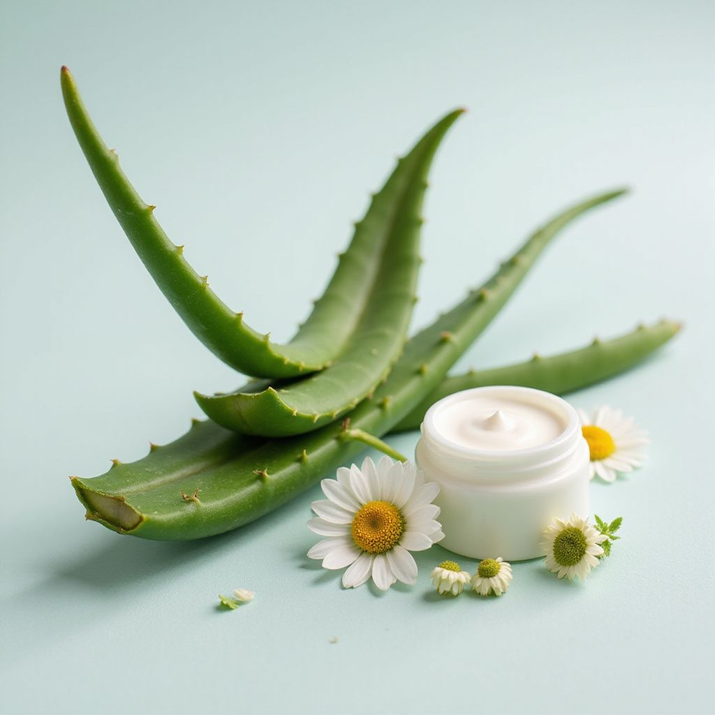 Aloe vera leaves with a jar of cream and chamomile flowers.