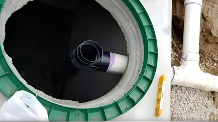 Open septic tank with a white and black pipe leading inside and a T-shaped white pipe on the side.