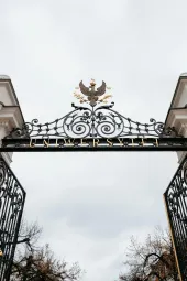 Ornate black iron gate with golden emblem, open to overcast sky.