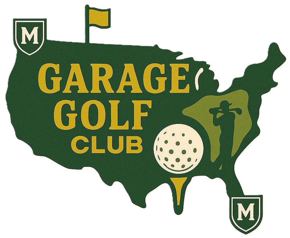Garage Golf Club logo with U.S. map in green, golf ball, golfer silhouette, and "Garage Golf Club" text.