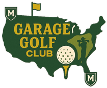 Garage Golf Club logo with U.S. map in green, golf ball, golfer silhouette, and "Garage Golf Club" text.