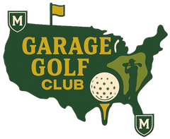 Garage Golf Club logo with U.S. map in green, golf ball, golfer silhouette, and "Garage Golf Club" text.