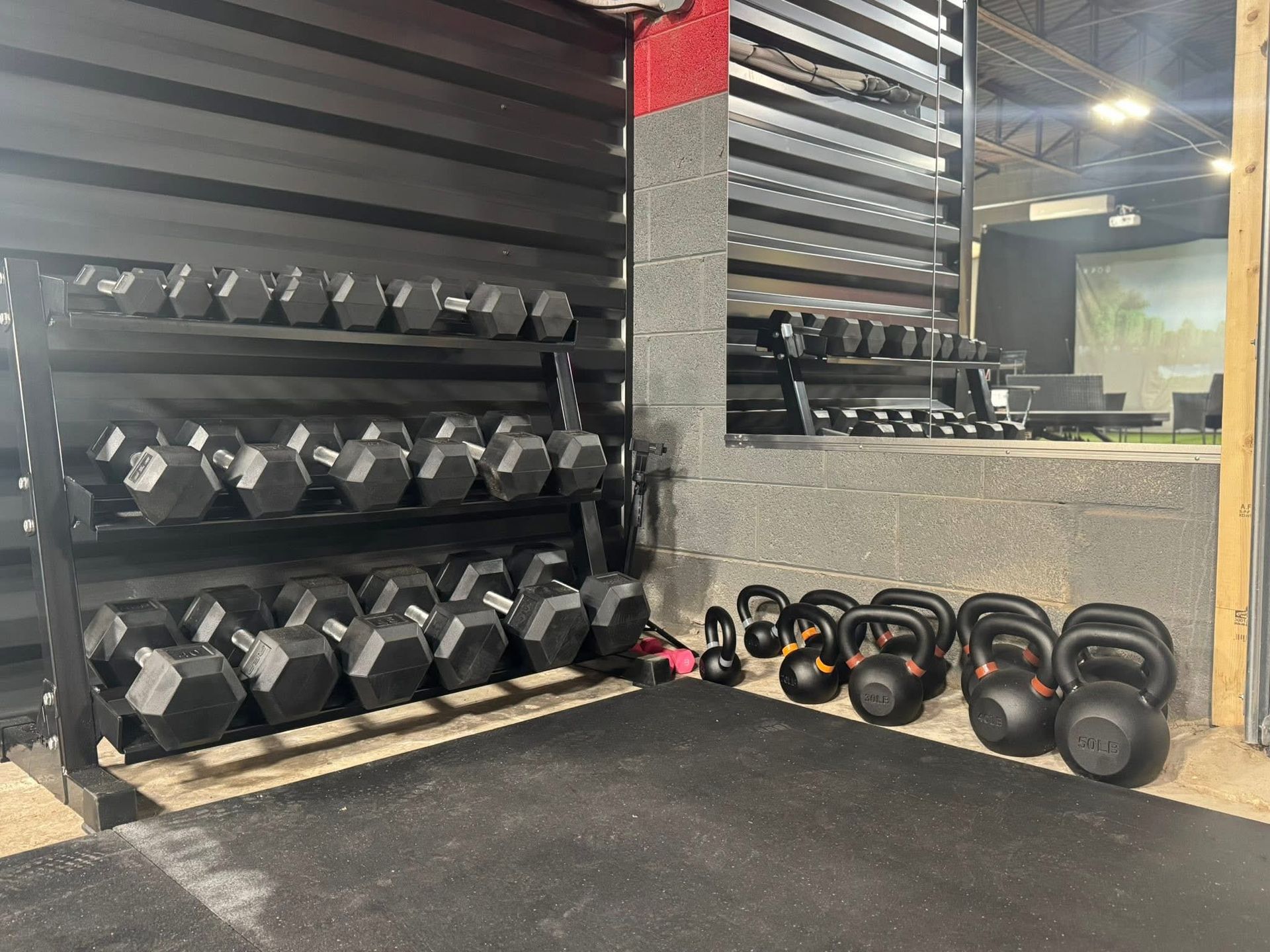 Rows of black dumbbells and kettlebells in a gym.