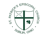 The logo of St. Patrick’s Episcopal Church in Dublin, Ohio, featuring a shield with a cross, crosses, and a shamrock.