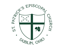 The logo of St. Patrick’s Episcopal Church in Dublin, Ohio, featuring a shield with a cross, crosses, and a shamrock.