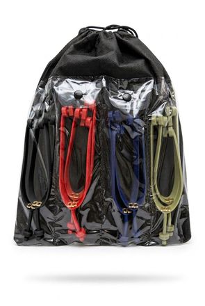 Set of colorful harnesses in a black drawstring bag
