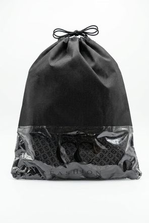 Black drawstring bag with a clear bottom section on a white background
