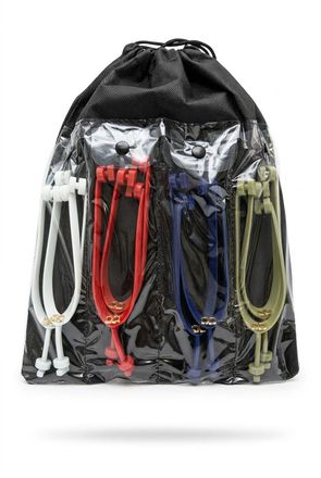 Black drawstring bag filled with coiled jump ropes in white, red, blue, and olive green