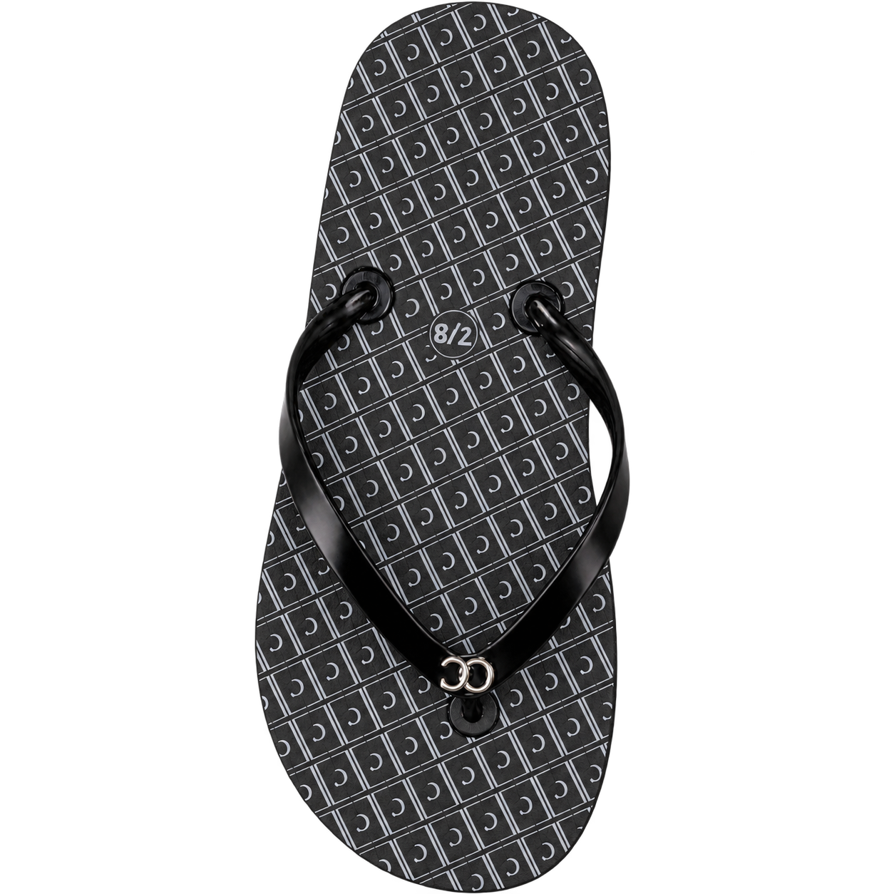 Black flip-flop sandal with patterned sole and black straps on a white background