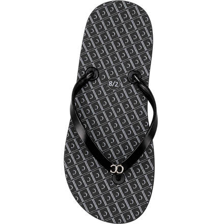 Black flip-flop sandal with patterned sole and thong strap on a white background