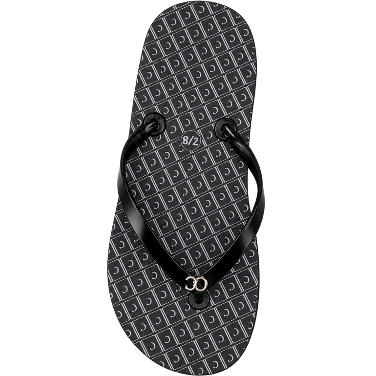 Black flip-flop sandal with patterned footbed and thong strap on a white background