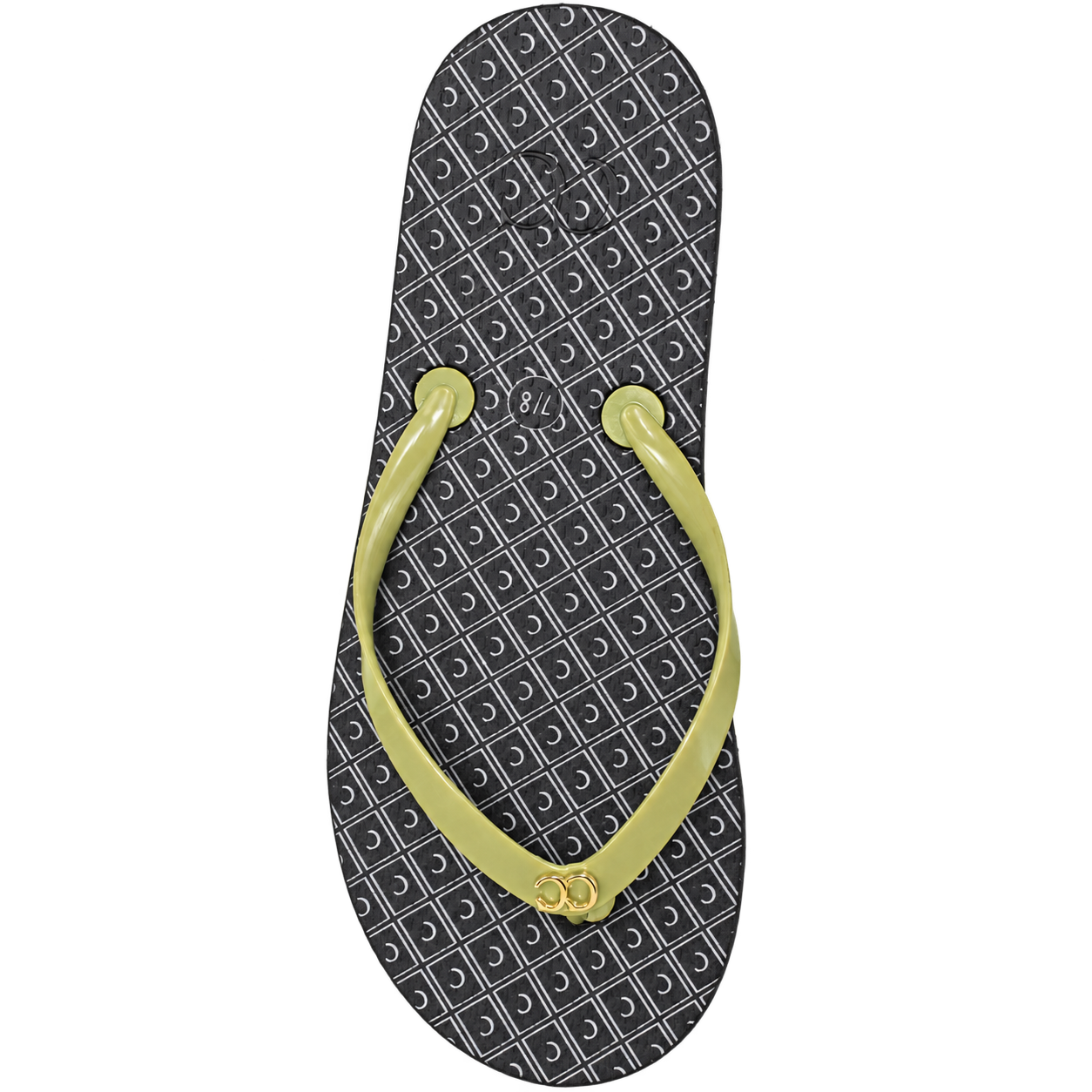 Black flip-flop with yellow straps on a white background