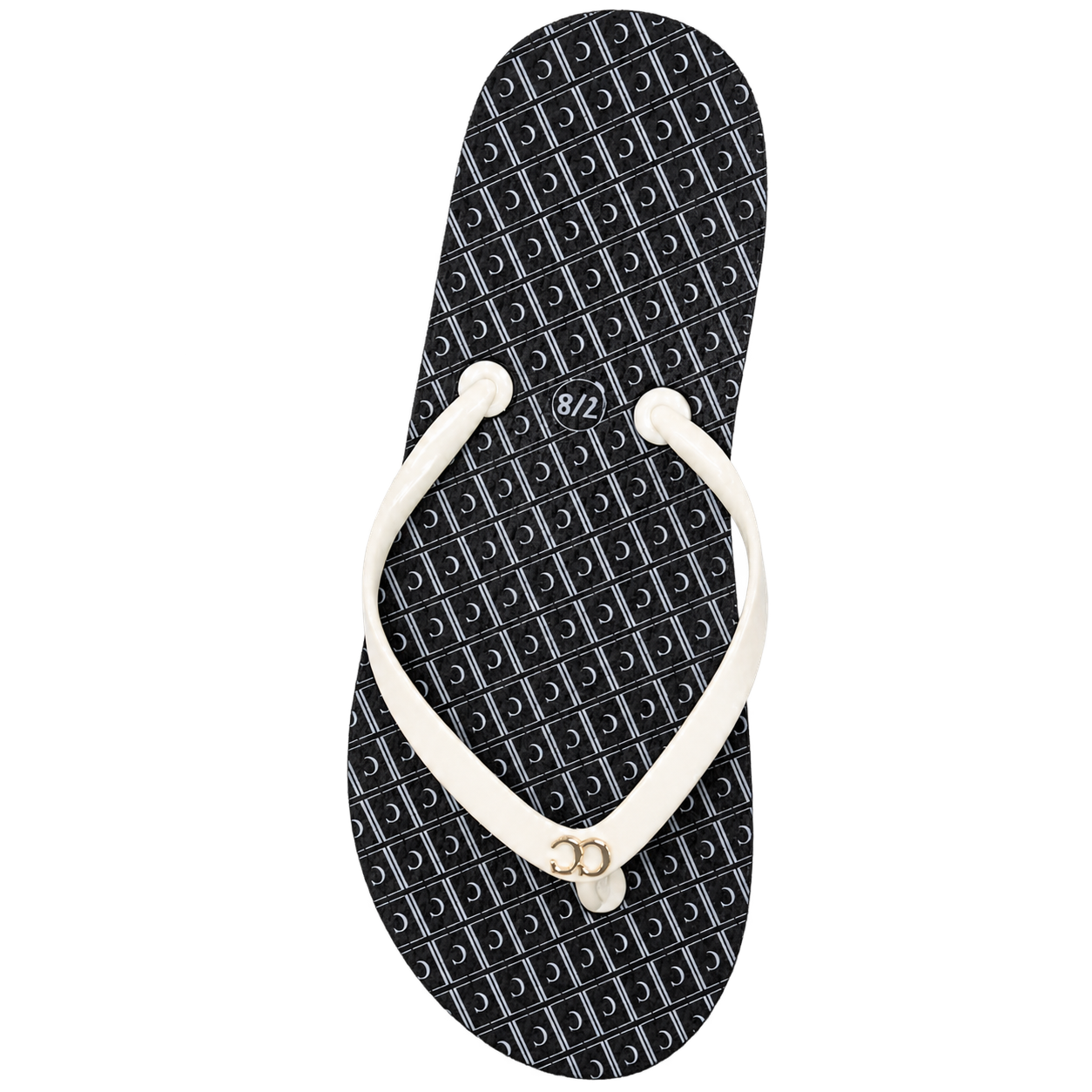 Black flip-flop with white straps and small gold accent on a white background