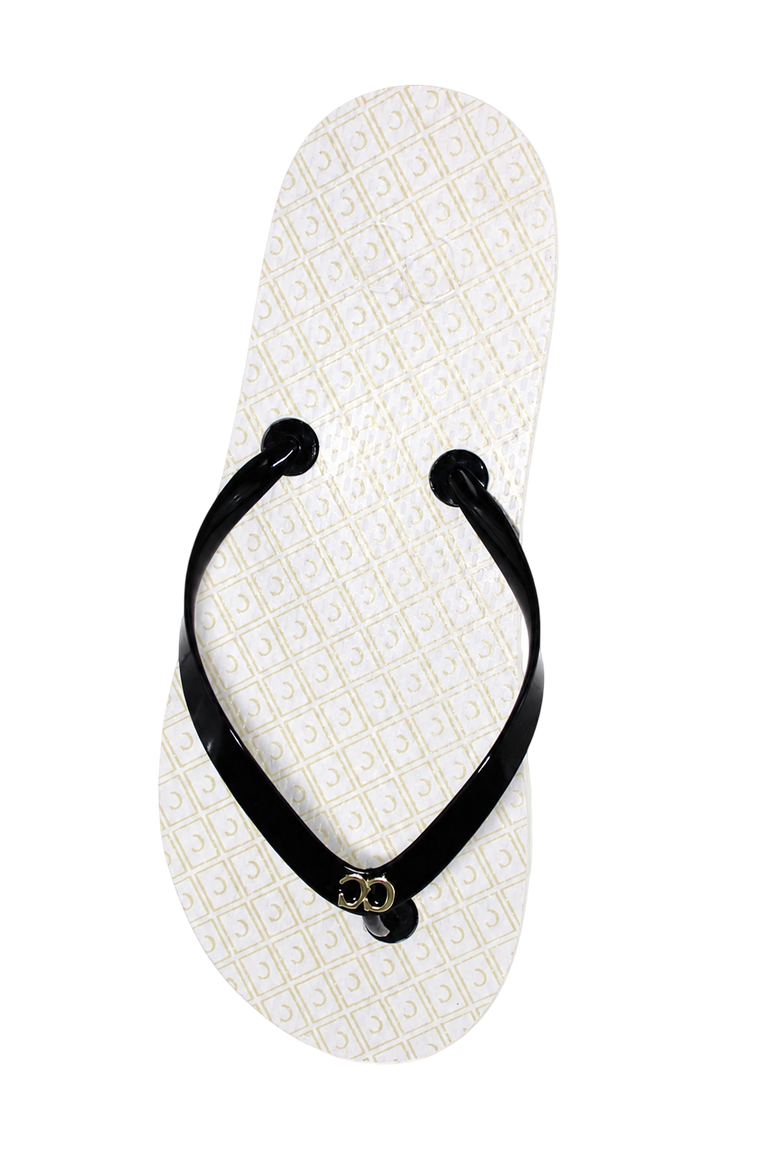 Black-and-white flip-flop sandal with a thin strap on a white background