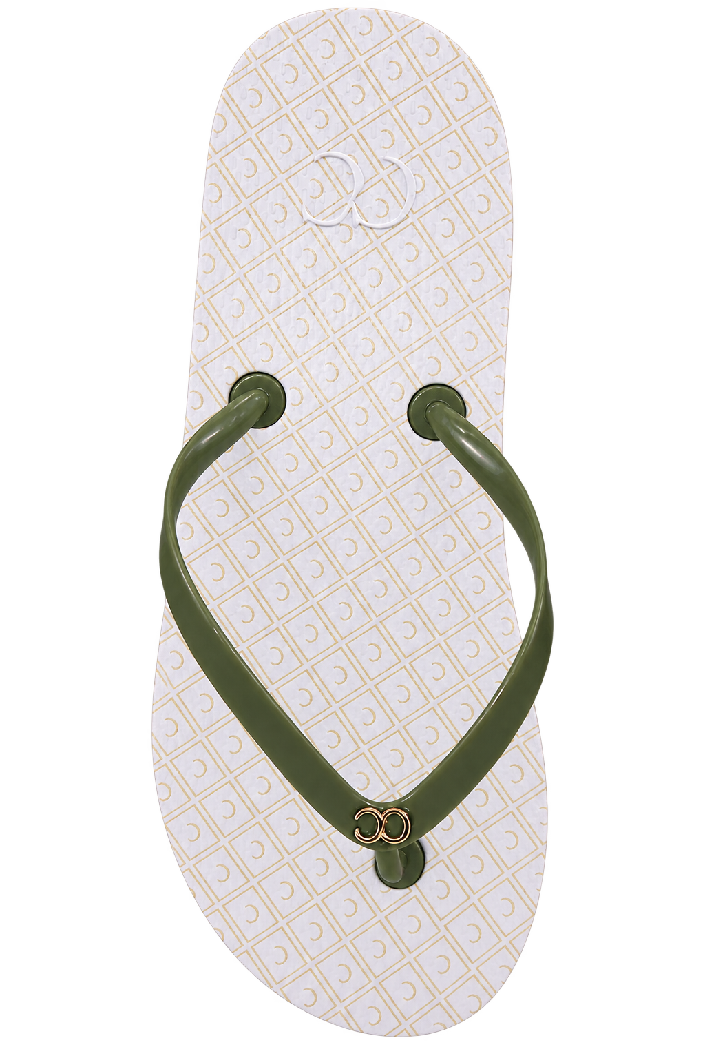 White flip-flop sandal with green straps and a small gold charm on the toe strap