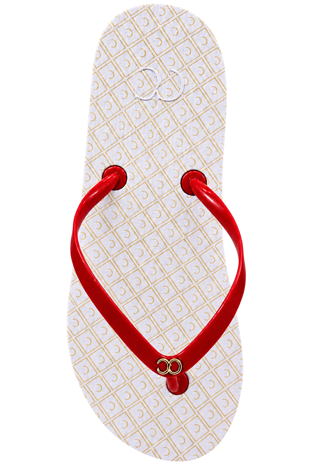 White flip-flop with a red strap and small pendant on the toe post