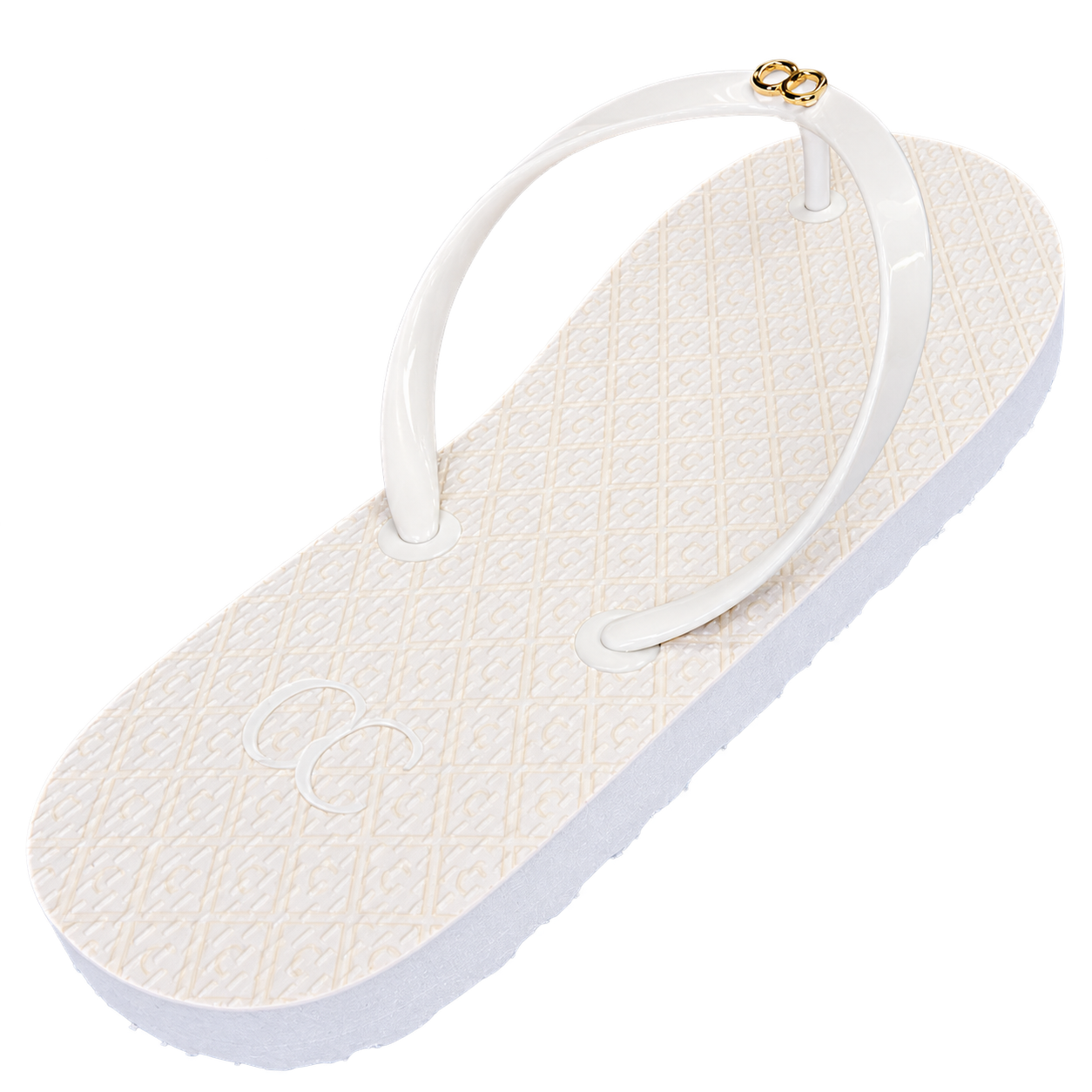 White thong sandal with textured sole and thin strap, isolated on a light background