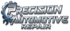 Logo for "Precision Automotive Repair" featuring metallic text, a gear, and a wrench.