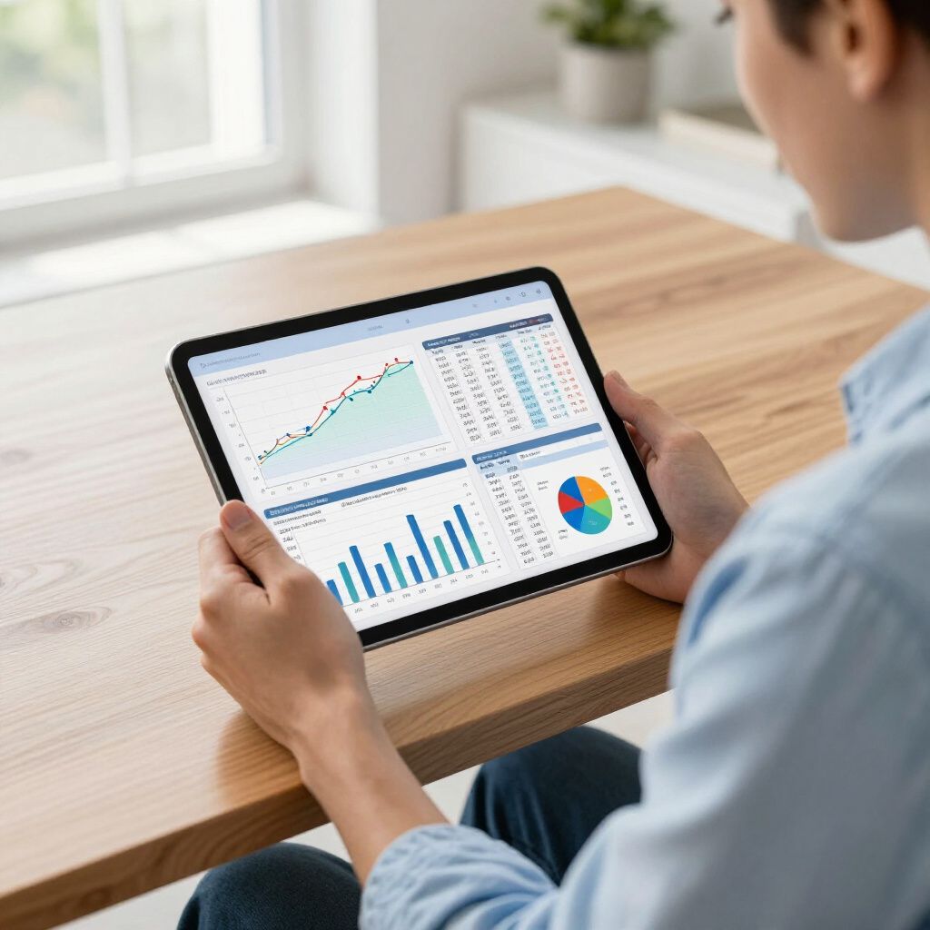 Person using tablet displaying financial charts at a wooden table.