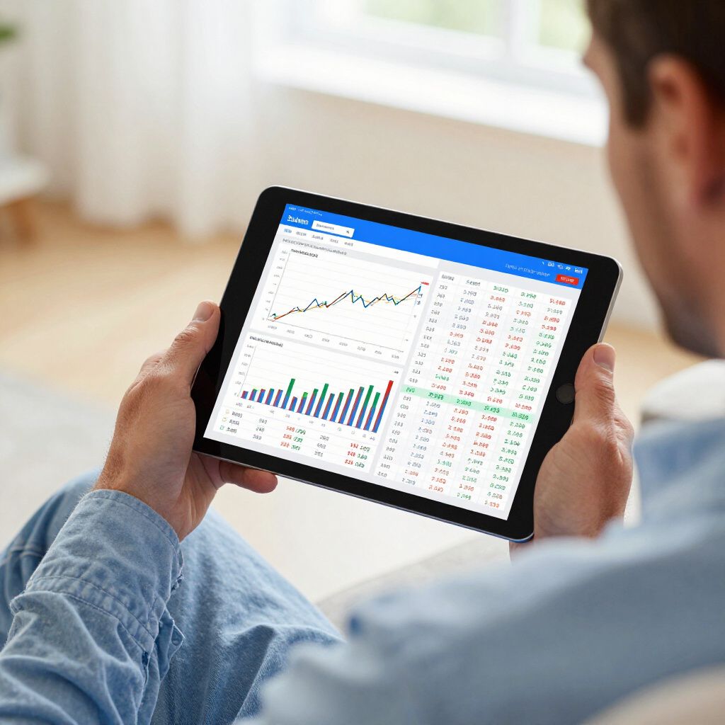 Person holding tablet showing stock market data.